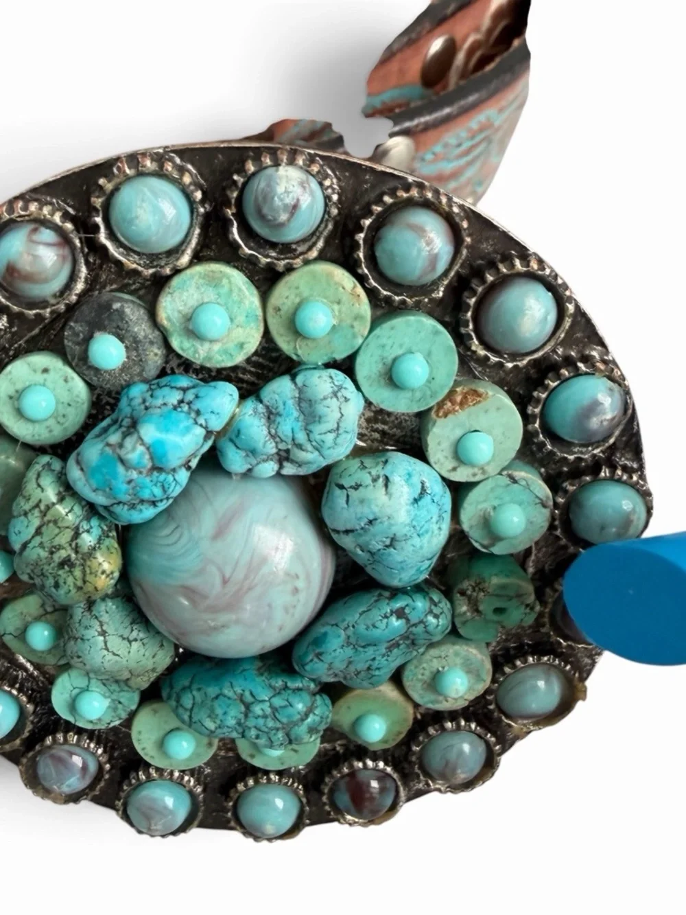 Leatherock Floral Tooled Leather Belt XL 39 Turquoise Removable Buckle Western
